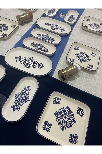 MTD SERAMİK 14 Piece Blue Scandinavian Patterned Luxury Breakfast Set