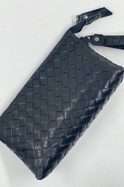 MAT Deri حقيبة يد نسائية سوداء بسحاب منقوشة من الجلد الطبيعي لمستحضرات التجمي...