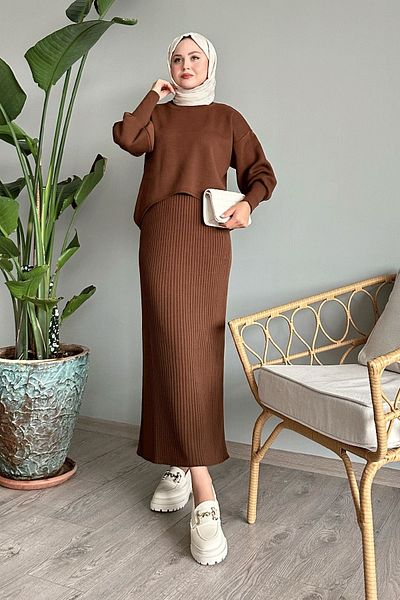 InStyle Σετ πλεκτό με μπαλόνι μανίκι Bitter Brown - Φόρεμα