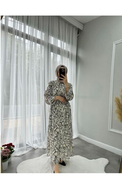 Butik Siyah Desen Düğmeli Elbise(İç Gösterir)