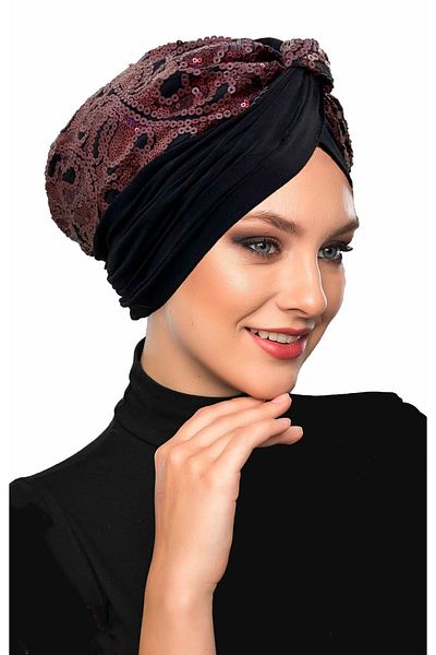 fidan bone Special Design Black with Burgundy Pattern, Sequined Lining, Ready-made Hijab Hijab Evening Dress Bonnet