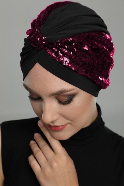 fidan bone Cross Banded Sequined Black-burgundy Ready-made Hijab Hijab Evening Dress Bonnet