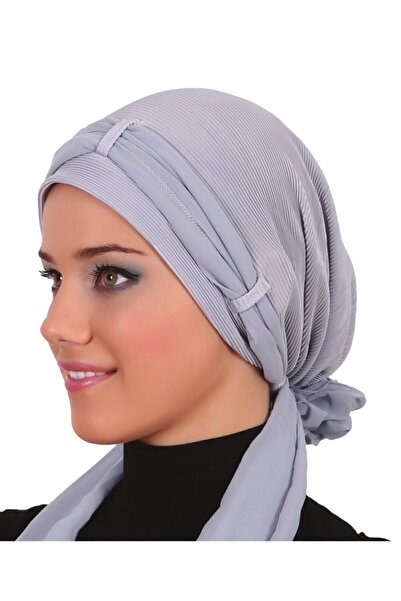 fidan bone غطاء حجاب جاهز باللون الرمادي الفاتح مع وشاح مطوي ولؤلؤ شيفون وإكس...