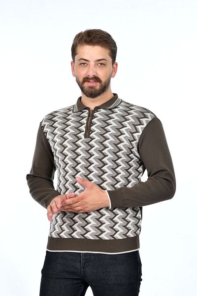 Kamalı Brown Men's Steel Knit Shirt Collar Zippered Polo Collar Non-Pilling Knitwear Winter Sweater