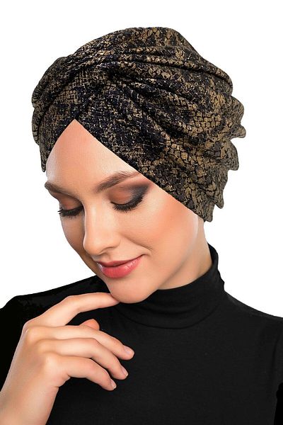 fidan bone Black Fukuro Lined Cross Patterned Ready Turban Hijab Bonnet