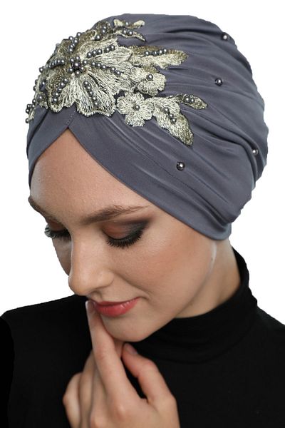 fidan bone Έτοιμο τουρμπάνι Hijab βραδινό καπό φόρεμα με κεντημένο σκούρο γκρι κίτρινο μοτίβο δαντέλας