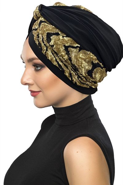fidan bone Special Design Black with Gold Wavy Sequined Lining Ready-made Hijab Hijab Evening Dress Bonnet