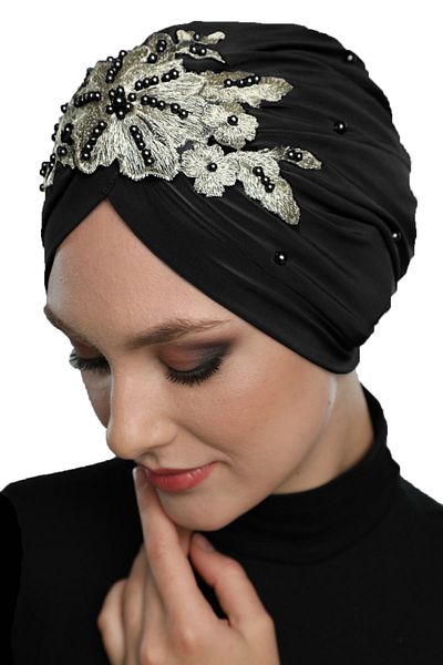 fidan bone Detachable Lining Embroidered Black Yellow Lace Motif Ready Hijab Hijab Evening Dress Bonnet