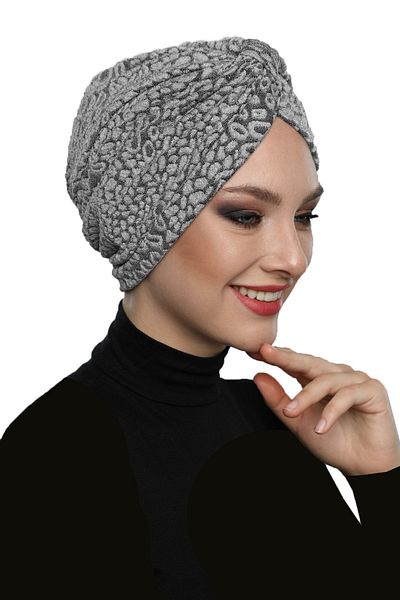 fidan bone Έτοιμο καπό Hijab Turban με επένδυση γκρι με ταινία μπροκάρ