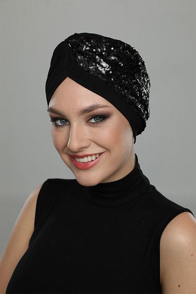 fidan bone Μαύρο έτοιμο καπό Hijab τουρμπάνι με χιαστί λουράκι και παγιέτες