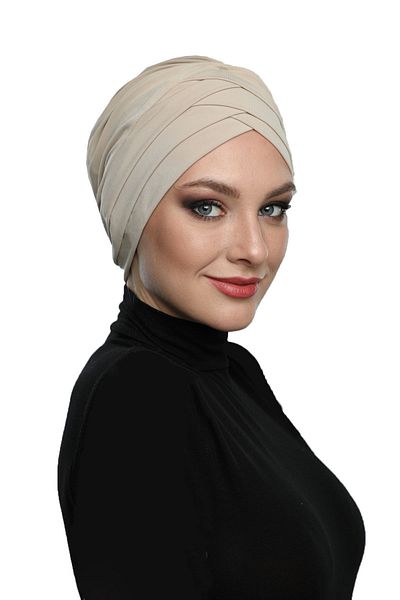 fidan bone Καπάκι πισίνας Hijab με τρία ριγέ μπεζ έτοιμο τουρμπάνι