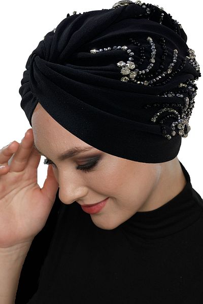fidan bone Shining Hand Embroidered Black-Silver Wheel Patterned Lined Ready-made Hijab Hijab Evening Dress Bonnet