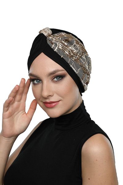 fidan bone Special Design Black Beige-gold Sequined Mesh Ethnic Patterned Lined Ready-made Hijab Hijab Evening Dress Bonnet