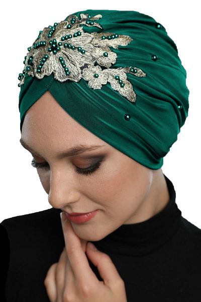 fidan bone Detachable Lining Embroidered Green Yellow Lace Motif Ready-made Hijab Hijab Evening Dress Bonnet