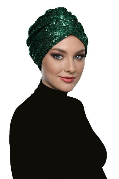 fidan bone Sequined Lined Green Ready-Made Turban Hijab Evening Dress Bonnet