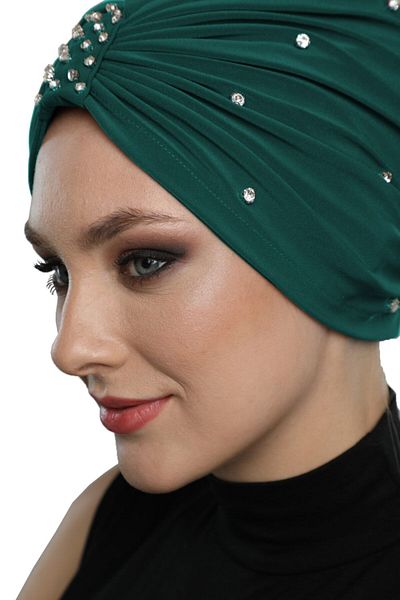 fidan bone Green Ready Turban - Lined and Embroidered Hijab Evening Dress Bonnet