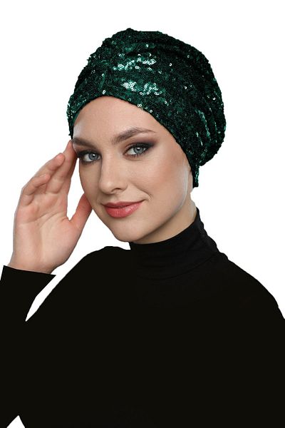 fidan bone Sequined Lined Green Ready-Made Turban Hijab Evening Dress Bonnet
