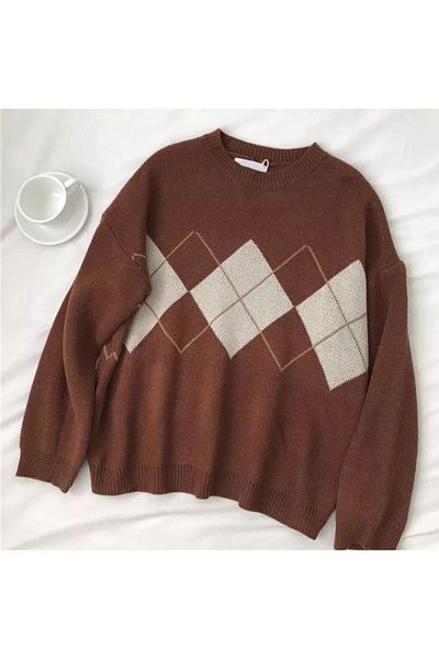 Köstebek Plaid Patterned Retro Vintage Oversize Sweater - Diamond Design