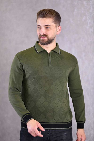 Kamalı Khaki Men's Steel Knit Front Textured Shirt Collar Zippered Polo Collar Non-Pilling Knitwear Winter Sweater