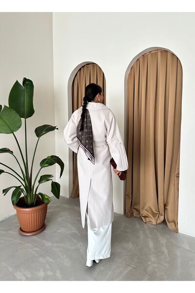 Laluvia Ecru dlouhý kabát s detailem rybí kosti - s rukávem a páskem - 54471