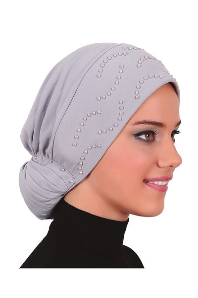 fidan bone Ανοιχτό γκρι έτοιμο καπό Hijab τουρμπάνι με πόμολο