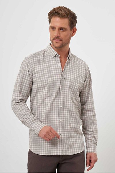 Morven Men's Beige Trend Plaid Regular Fit Buttoned Collar Lumberjack Shirt