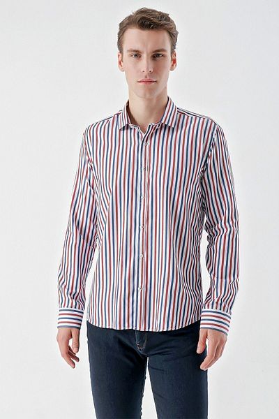 Morven Men's Burgundy Trend Striped Paneled Italian Collar Slim Fit Shirt