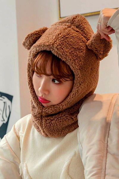 Bundeba Wig Women's Plush Coffee Beanie Snow Mask Neck Collar Thermal Welsoft Teddy Bear Fleece Scarf Windproof