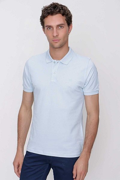 Morven Tricou pentru bărbați, albastru gheață, de bază, solid, 100% bumbac, slim fit, cu mânecă scurtă, cu gât polo