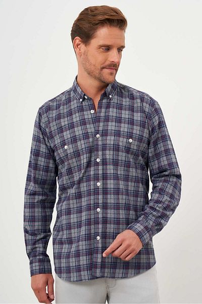 Morven Men's Gray Trend Plaid Regular Fit Buttoned Lapel Lumber Shirt