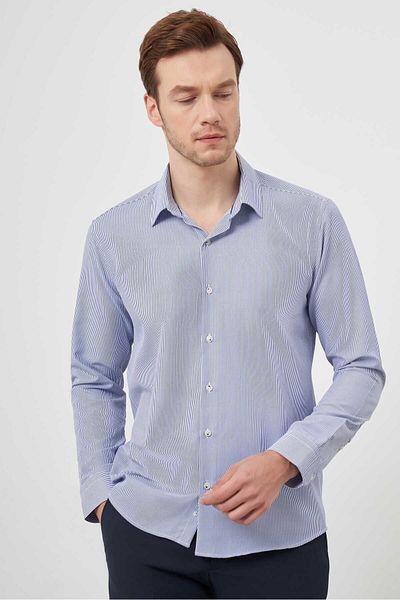 Morven Men's Blue Slim Fit Striped Pattern Hard Neck Shirt