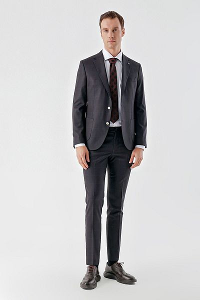 Morven Men's Plum Polyviscose Trend Plaid Slim Fit Mono Collar Suit