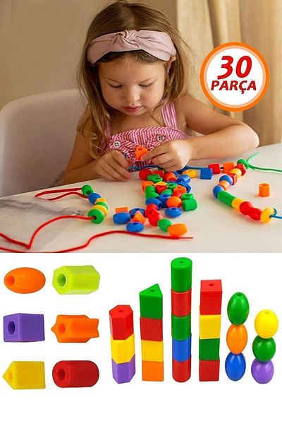 Bundera 30 Pieces Geometric Shapes and Color Skill - Bead Stringing Game Educational Toy
