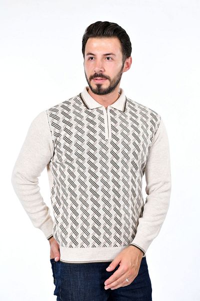 Kamalı Men's Steel Knit Shirt Collar Zippered Polo Collar Striped Pattern Non-Pilling Knitwear Winter Dad Sweater