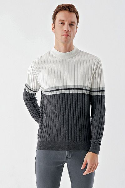 Morven Men's Anthracite Trend Paneled Bato Collar Dynamic Fit Comfortable Cut Knitwear