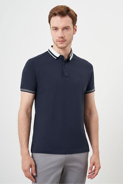 Morven Μπλουζάκι Navy Blue Compact Pique - Μονόχρωμο σχέδιο και γιακά με κουμπιά