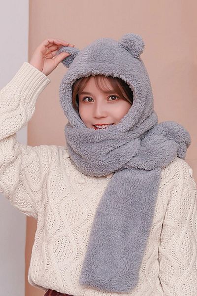 Bundeba Hooded Gray Plush Beanie Scarf Women's Welsoft Fleece Cashew Neck Collar Shawl Windproof Hat with Ears