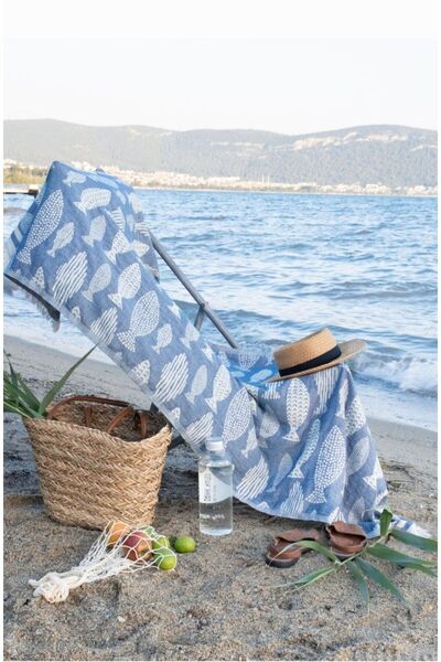 TEOHOMELİNENS Fish Patterned Muslin Peshtemal - 100% Cotton, Blue 100X175 cm Beach Towel
