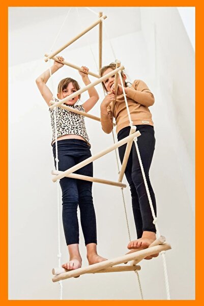 Bundeba Üçgen Tırmanma Kulesi 5 Basamak Büyük Çocuk İp Tırmanma Merdiveni Akrobasi Ahşap Montessori Oyuncak