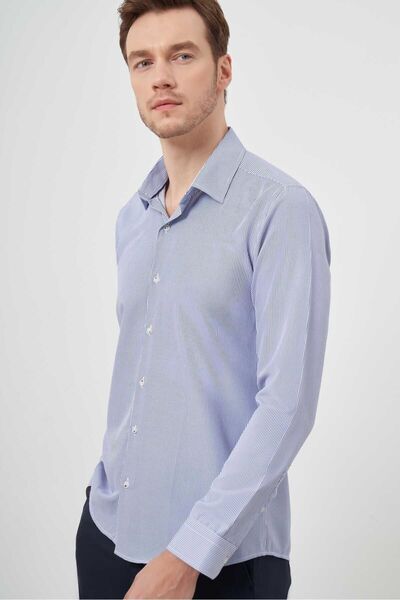 Morven Men's Blue Slim Fit Striped Pattern Hard Neck Shirt