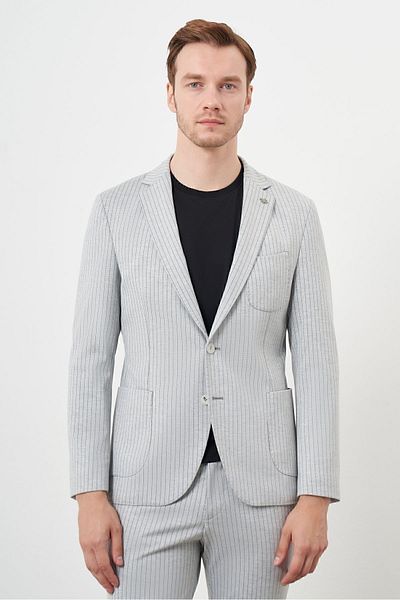 Morven Men's Gray Slim Fit Striped Polyviscon Mono Collar Suit