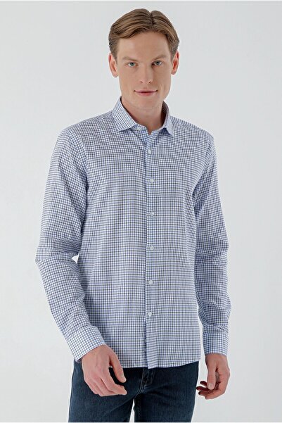 Morven Чоловіча синя сорочка з бавовняної тканини габардін з принтом у вигляді бавовни, крій Slim Fit