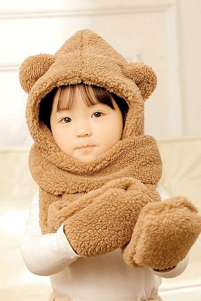 Bundera Babykid Children's Hooded Plush Beanie Scarf Gloves Welsoft Neck Collar Windproof Ear Hat Brown