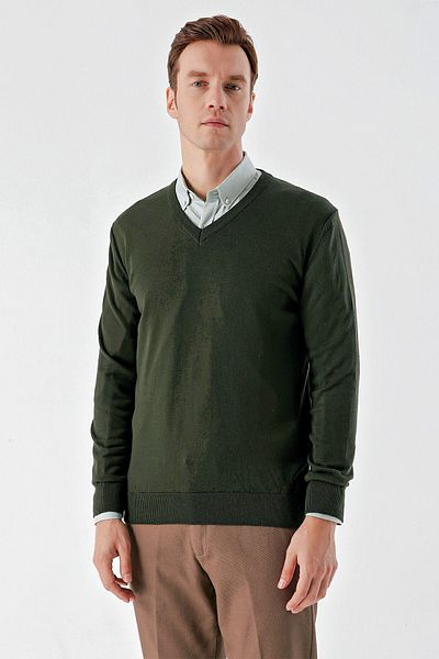 Morven Ανδρικά πλεκτά βασικά χακί με V-Neck Dynamic Fit Comfortable Cut