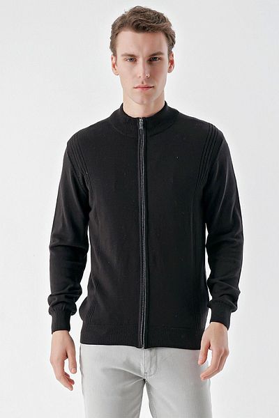 Morven Men's Black Trend Jacquard Zippered Knitwear Cardigan