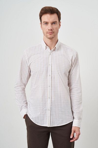 Morven Men's Beige Cotton Striped-Paneled Buttoned Collar Slim Fit Shirt