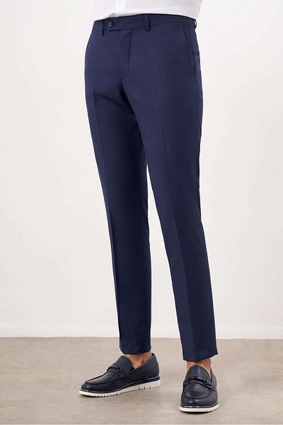 Morven Мъжки тъмносин панталон Polyviscon Classic Slim Fit - Едноцветен модел