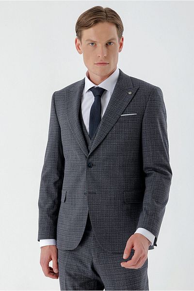 Morven Costum pentru bărbați bleumarin Polyviscon Trend Vest în carouri Slim Fit Costum cu guler ascuțit