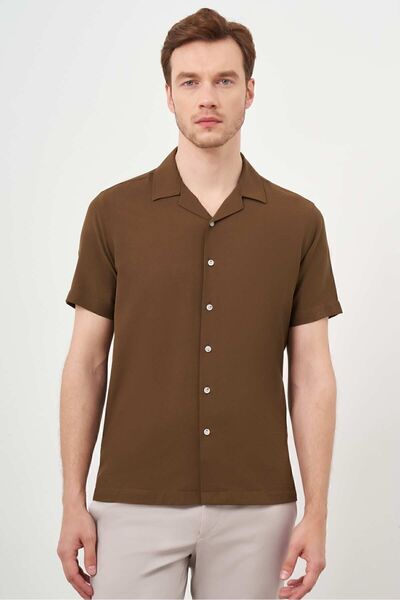 Morven Men's Bitter Coffee Viscon Apache Collar Regular Fit Short Sleeve Shirt
