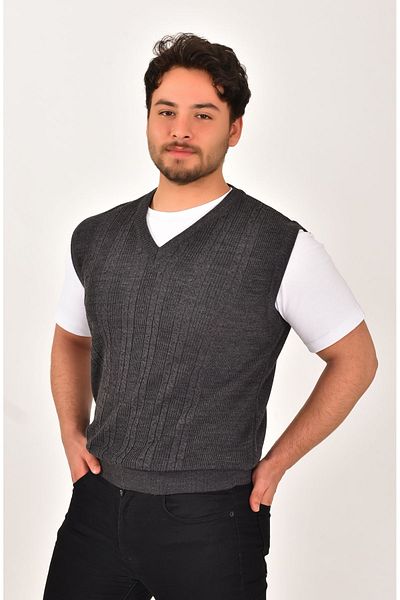 Kamalı Men's Gray V-Neck Knitwear Sweater - Non-Pilling, Oversize Hair Knit, Thessaloniki Lüpen